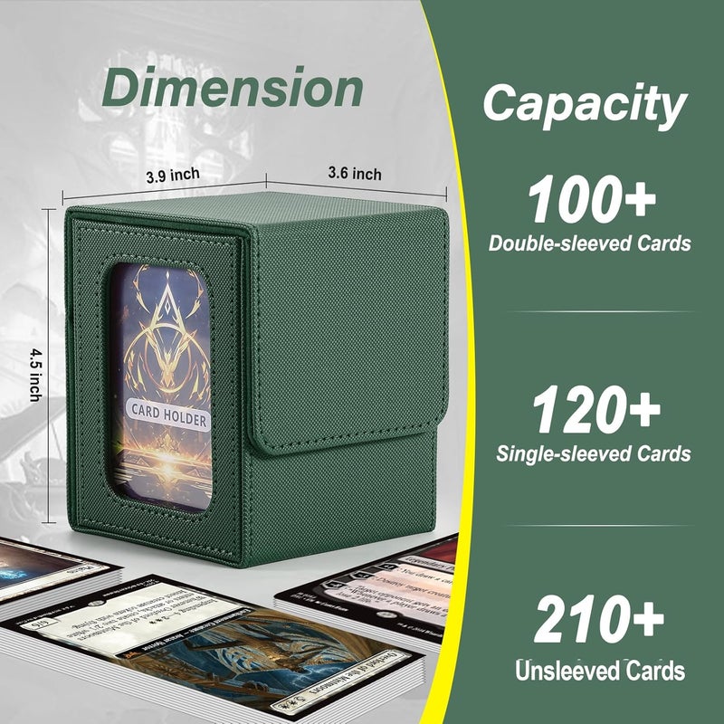 Stepane MTG Deck Box, Double Display Window MTG, Commander Deck Box Fits 120+ Single Sleeved Cards, PU Leather Magnetic Closure Card Box with 2 Dividers&2 Toploaders for TCG, CCG, Green - Image 3